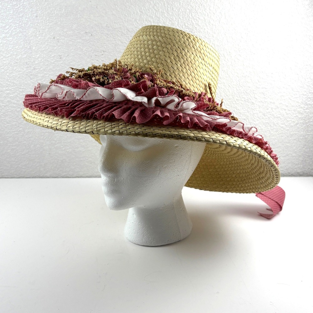 Straw Sun Hat Girls OS Pink White Excellent Ruffled Floral Ribbon Cottagecore